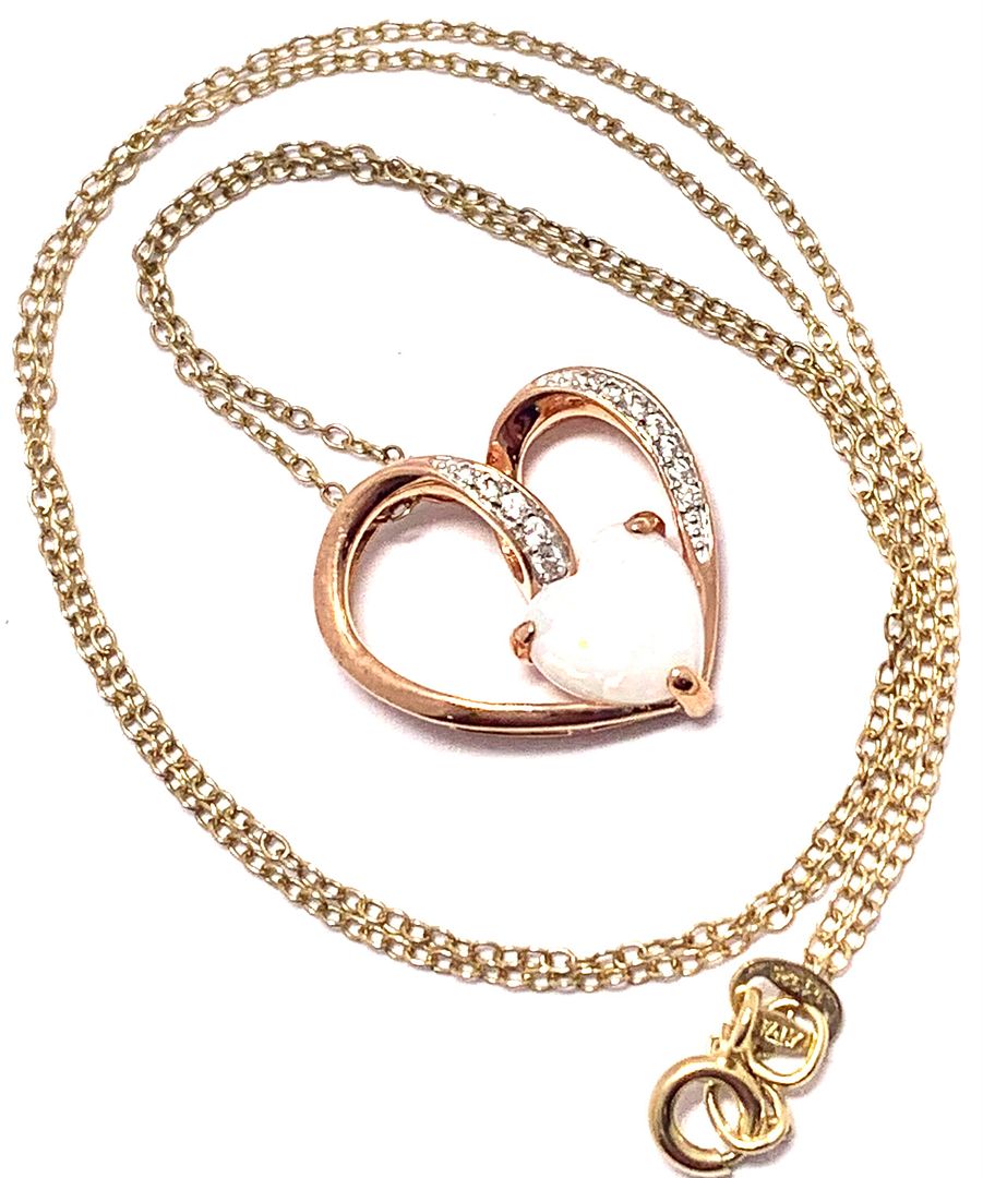 $102 Colore SG Lorenzo .925 Sterling Silver & 14k YG Genuine Opal & Diamonique Diamond Heart Necklace