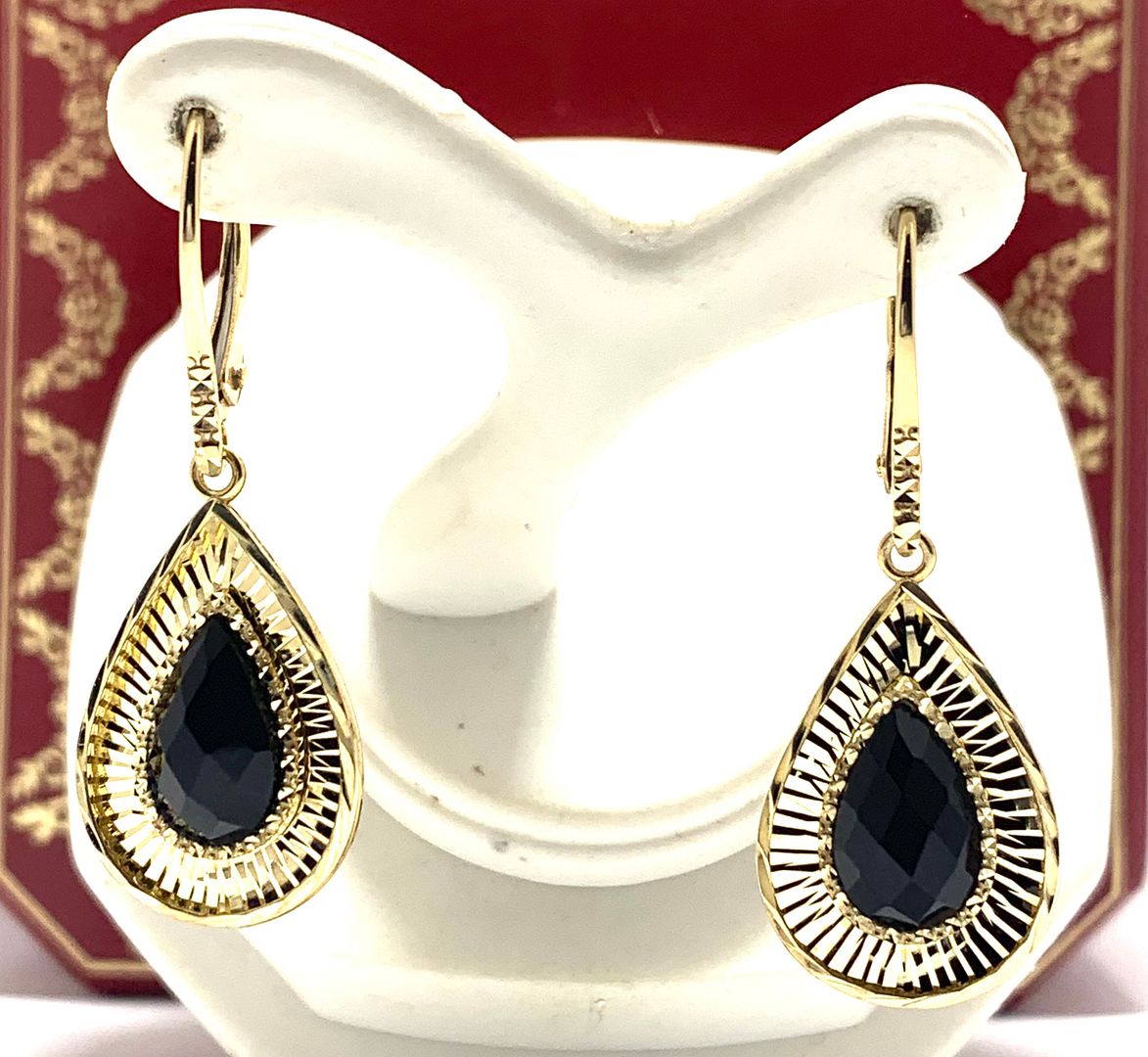 10k  Yellow Gold  Black Onyx Dangle Lever back Earrings  ( Solid Gold, Natural Onyx )