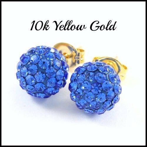 10k  Yellow Gold Blue Crystal 8mm in Diameter Stud Earrings