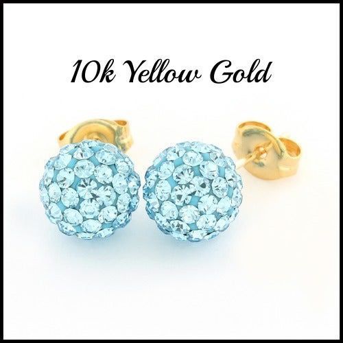 10k Yellow Gold Light Blue Crystal 8mm in Diameter Stud Earrings