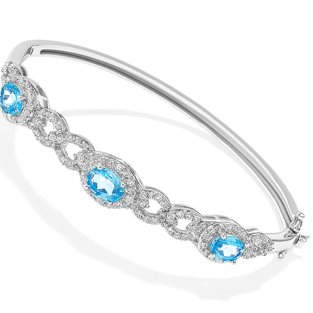 11.50ctw Blue Topaz & Diamonique Diamond Bangle Bracelet in 18K Gold Overlay – Designer Inspired
