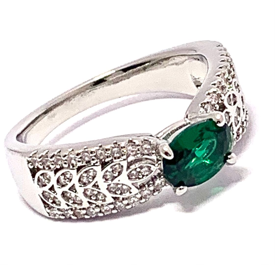 1.25ctw Emerald & Cubic Zirconia 18k White Gold Overlay Ring / Band