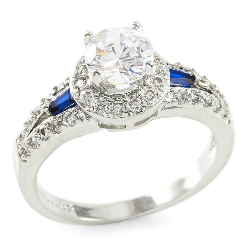 1.36CTW  Blue & White Sapphire Halo Ring 18K White Gold Overlay Sz 7 – 3.8g