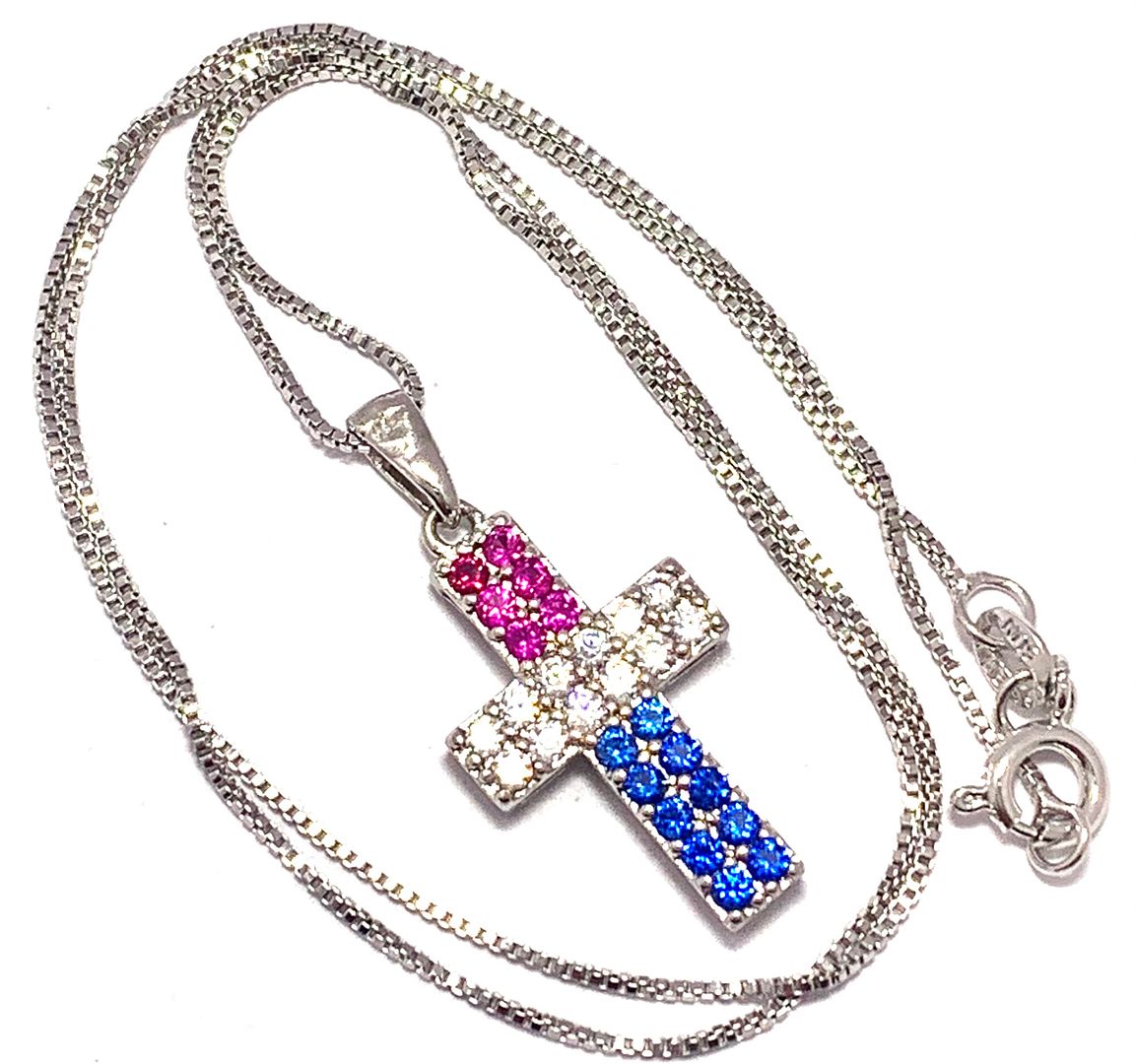 1.50ctw Ruby, Sapphire & Diamonique Diamond Cross Necklace in 18K Gold Overlay – Designer Inspired