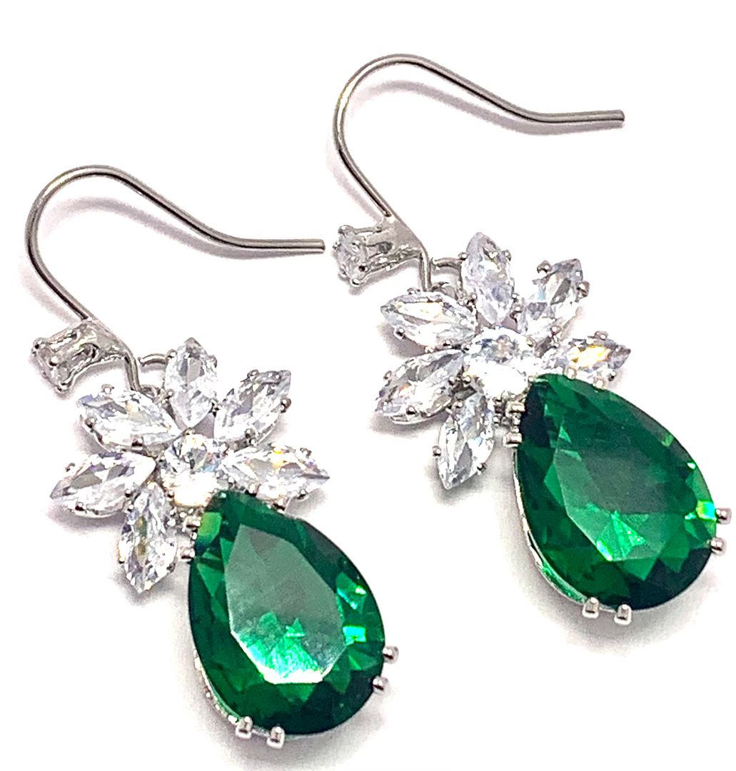 17.00ctw Emerald & CZ 18k White Gold Overlay Long Dangle Earrings