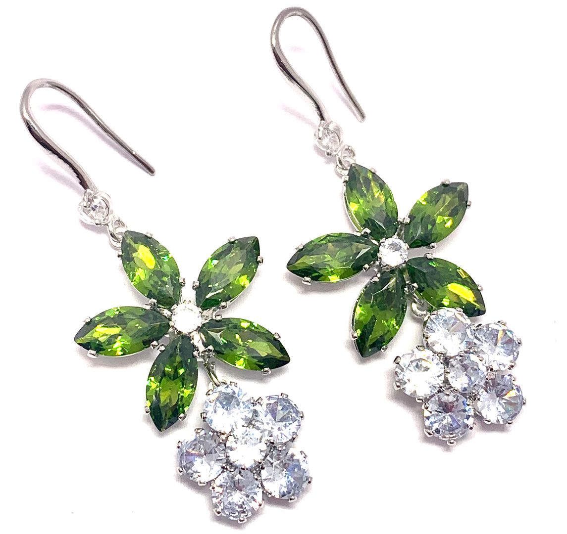 18.00ctw Peridot & CZ 18k White Gold Overlay Long Dangle Earrings