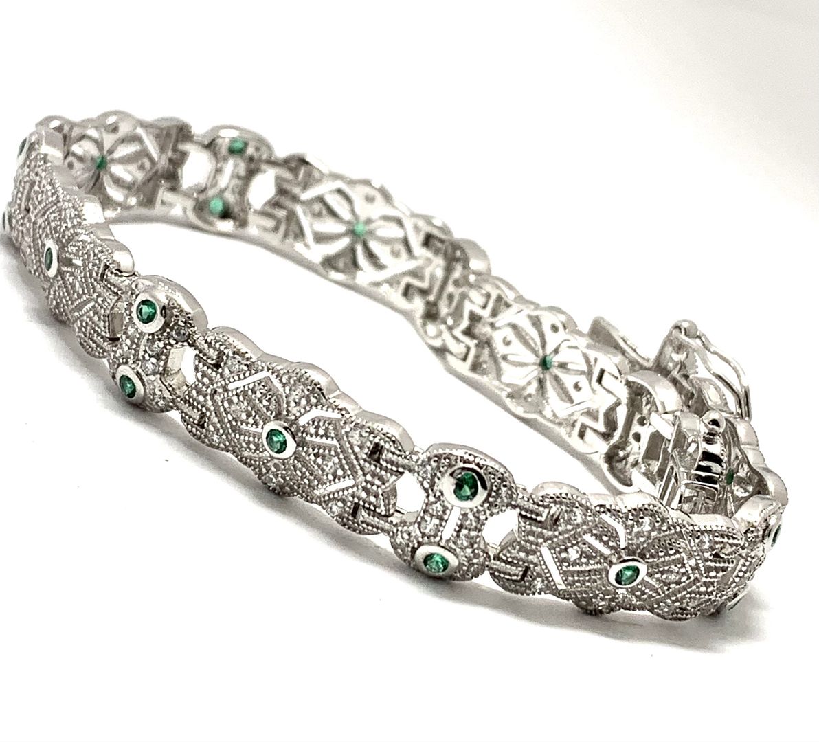 18k Gold & .925 Sterling Silver 1.00ctw Diamonique Diamond & Emerald Filigree Tennis Bracelet