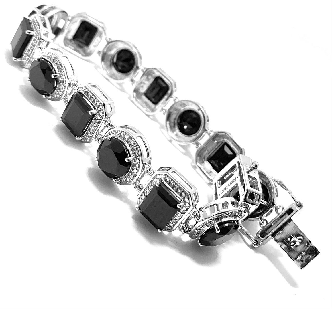 18k Gold & .925 Sterling Silver Diamonique Diamond &  Black Onyx Large Tennis Bracelet