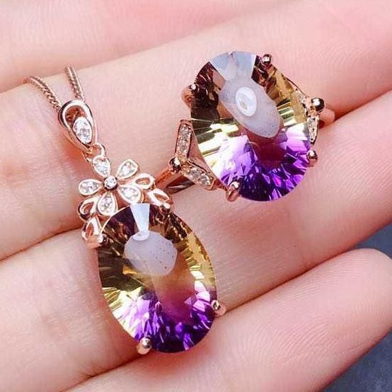 18k Gold Overlay 17.50ctw Rainbow Turmaline Ring & Necklace