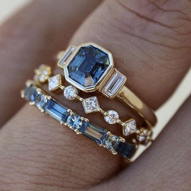 18k Gold Overlay 3.00ctw Sapphire, Blue Topaz & Diamonique Diamond Set of 3 Rings