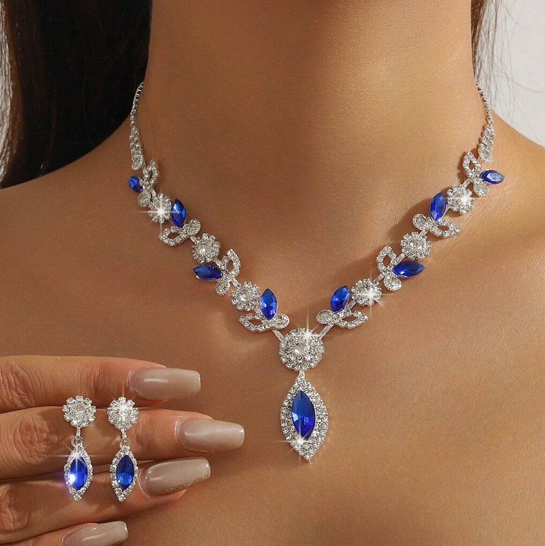 18k Gold Overlay 35.00ctw Sapphire & Diamonique Diamond Necklace & Earrings Set
