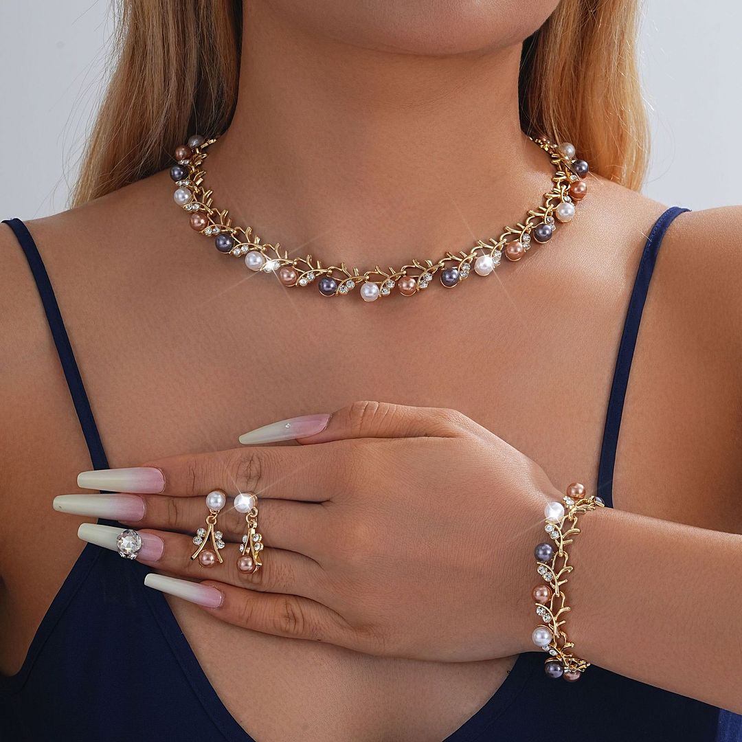 18K Gold Overlay 6mm Multicolor Pearls & Diamonique Diamond  Necklace & Earrings Set