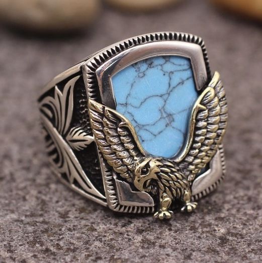18k Gold Overlay EAGLE Turquoise Unisex Ring  Size 10