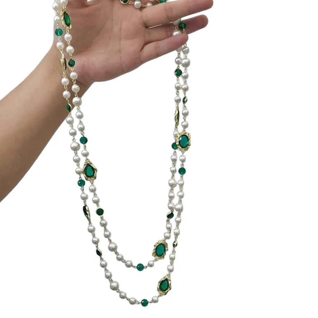 18k Gold Overlay Emerald & White Pearl 28" Long Necklace