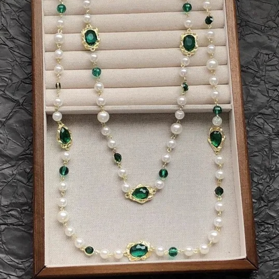 18k Gold Overlay Emerald & White Pearl 28" Long Necklace