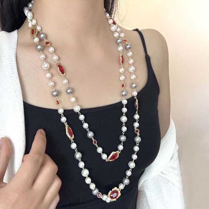 18K Gold Overlay Golden Topaz & White Pearl 28" Long Necklace