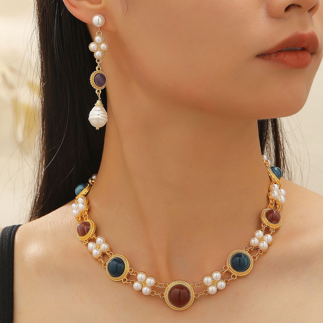 18K Gold Overlay Multicolor Stones & White Pearl Set Necklace & Earrings