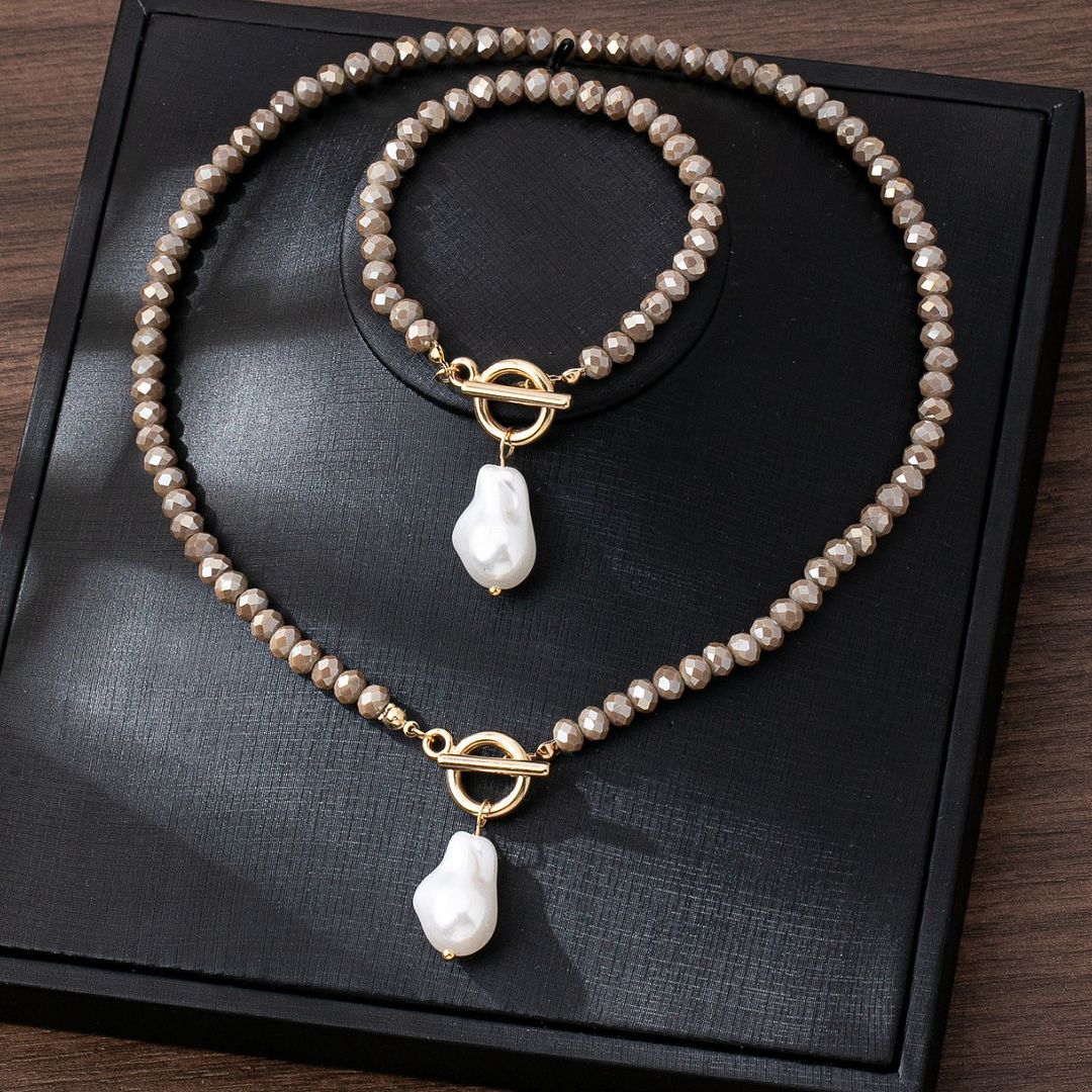 18K Gold Overlay TAGO Design White Pearl Cream Blue Topaz Necklace & Bracelet Set