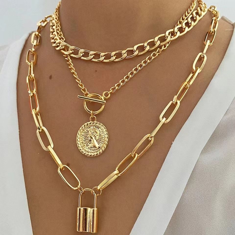 18k Gold Overlay Triple Chain Fancy Charm Necklace