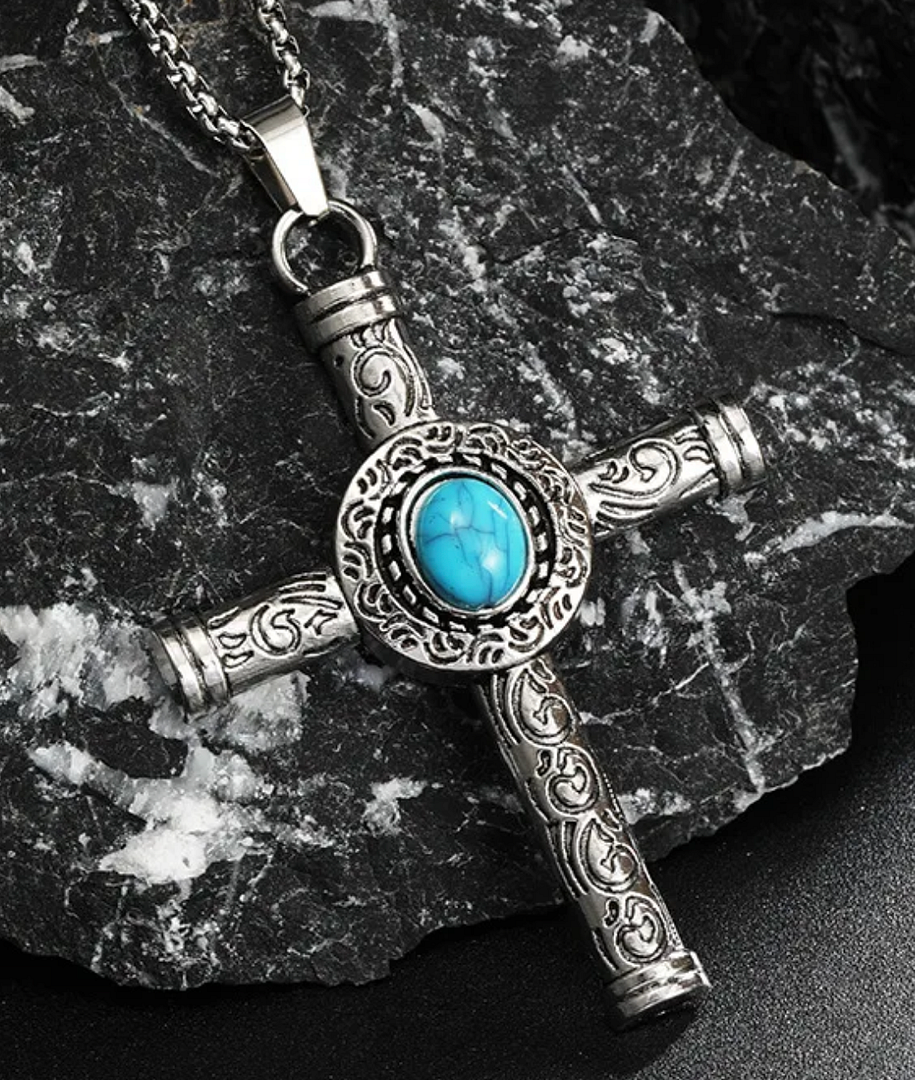 18K Gold Overlay Turquoise Cross Necklace