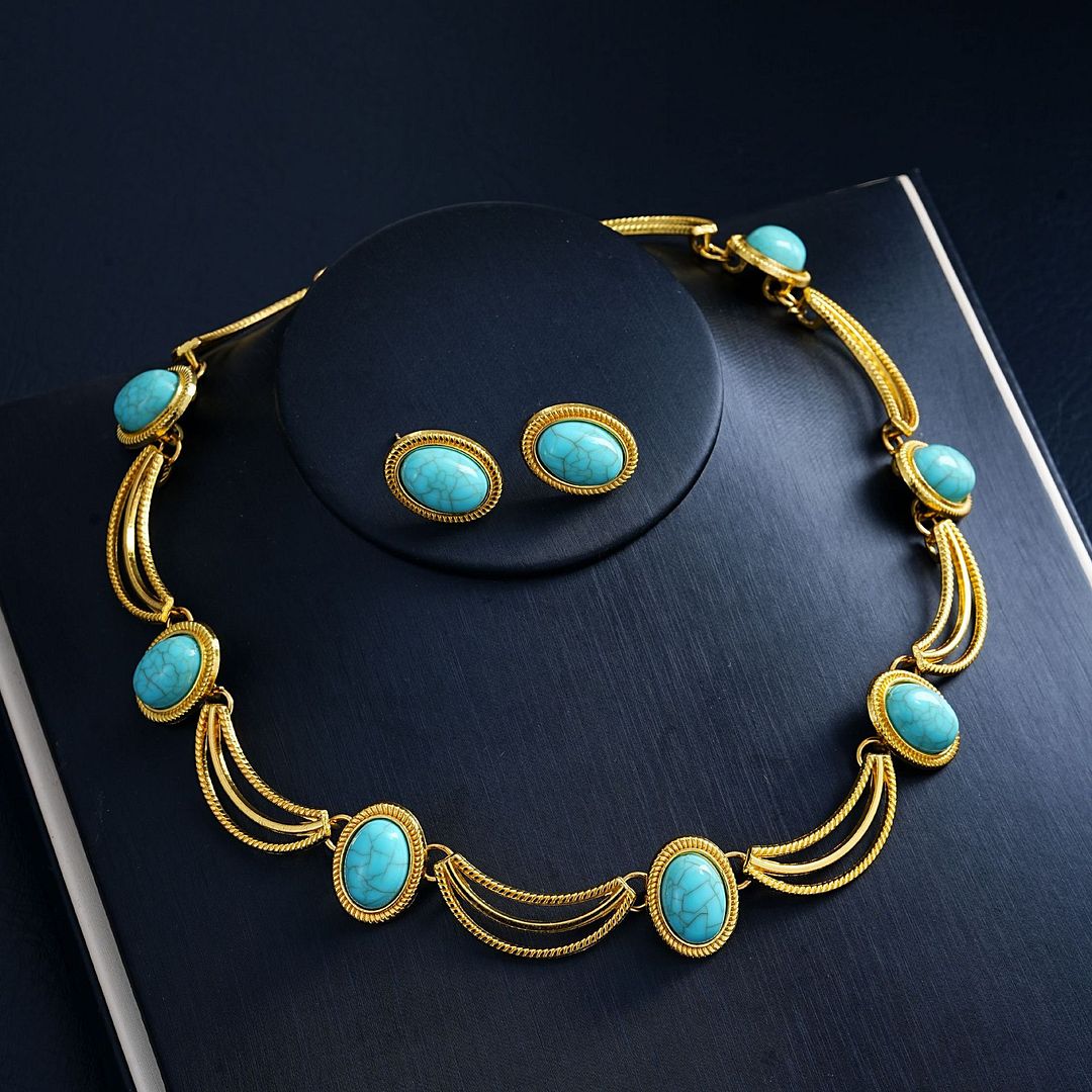 18K Gold Overlay Turquoise Necklace & Earrings Set