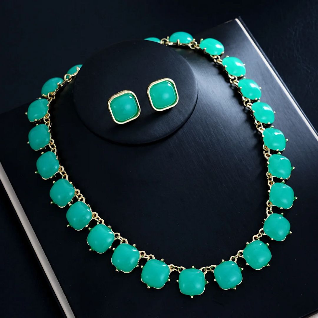18K Gold Overlay Turquoise Necklace & Earrings Set