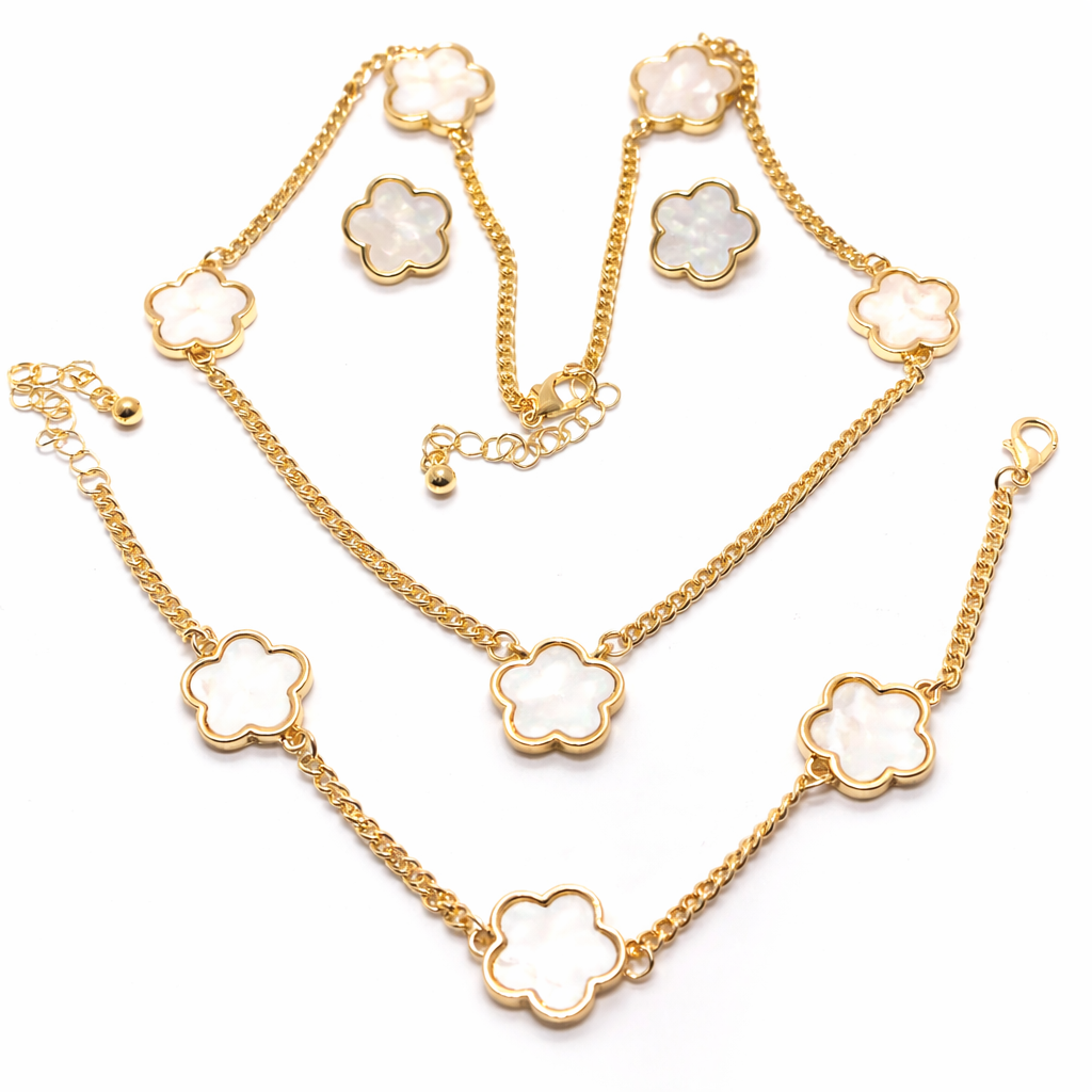 18K Gold Overlay White Enamel Necklace. Bracelet & Earrings Set