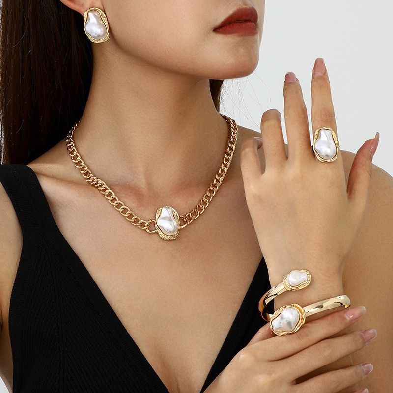 18K Gold Overlay  White Mother Of Pearl Necklace, Bracelet, Ring & Earring Set