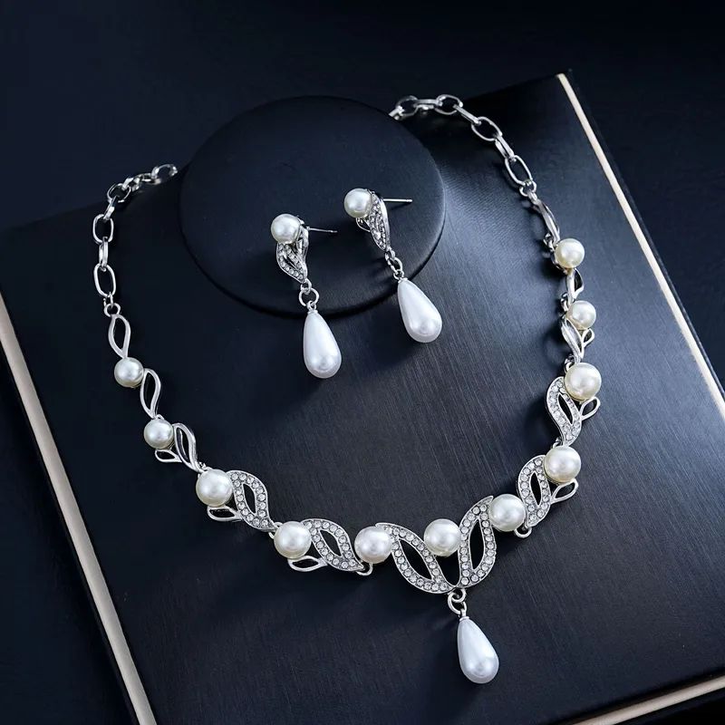 18K Gold Overlay White Pearl & Diamonique Diamond Necklace & Earrings Set