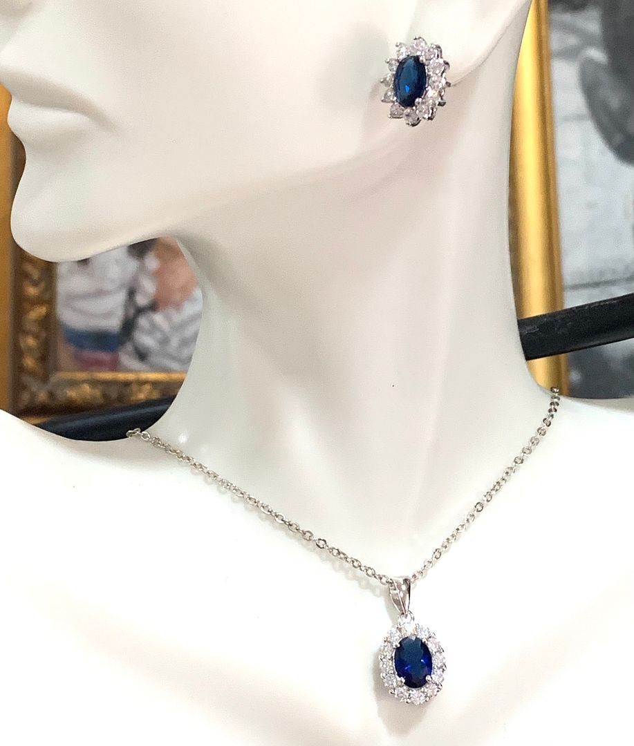 18k White Gold & Fine Jewelry Bronze 8.00ctw Blue & White Crystal Necklace & Stud Earrings Set
