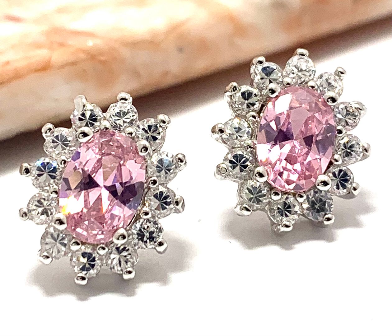18k White Gold & Fine Jewelry Bronze Pink & White Crystal  Stud Earrings