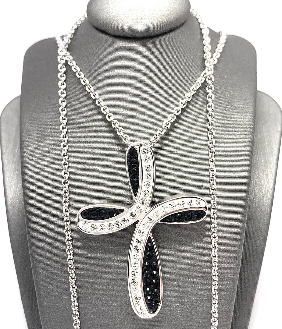 18k White Gold & Jewelry Bronze 1.00ctw Black & White Crystal Cross Necklace