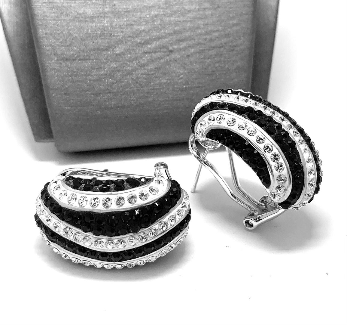 18k White Gold & Jewelry Bronze 3.00ctw Black & White Crystal Hoop Earrings