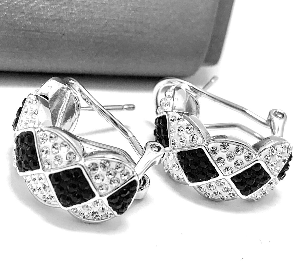 18k White Gold & Jewelry Bronze 3.00ctw Black & White Crystal Hoop Earrings