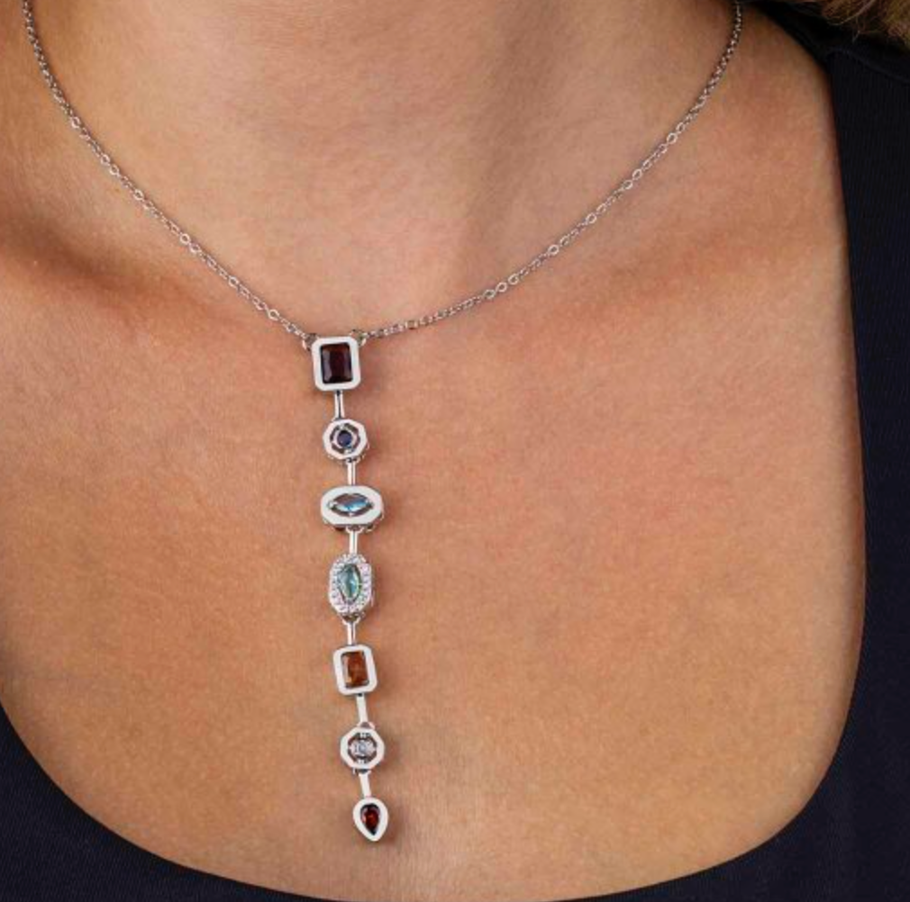 18k White Gold over Titanium Steel Created Multigem Necklce. Adjustable.