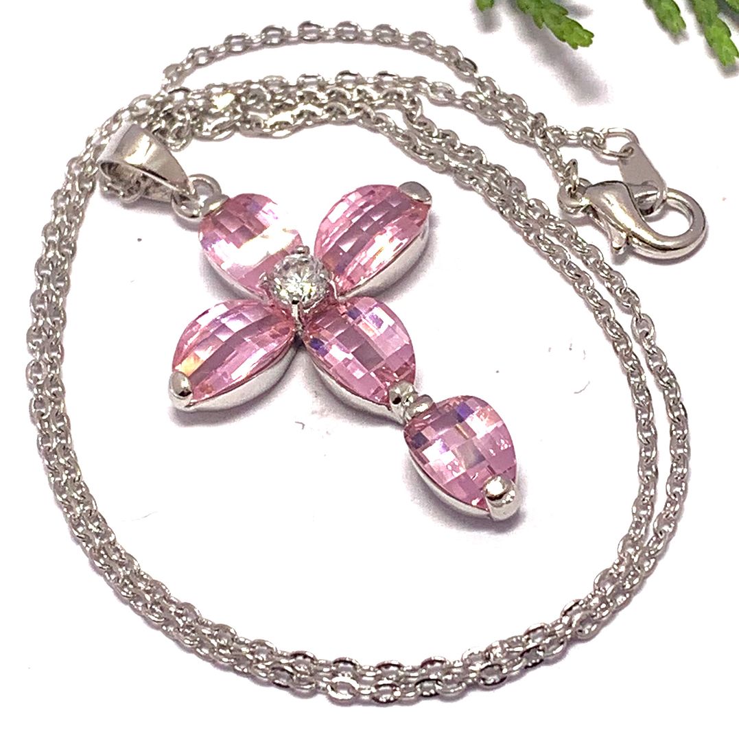 18K White Gold Overlay 19.00ctw Pink Topaz Cross Necklace