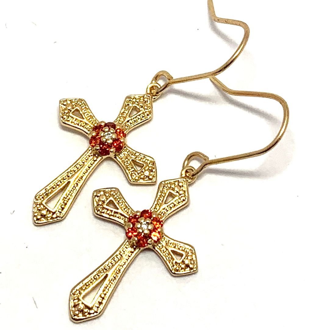 18k Yellow Gold & Fine Jewelry Bronze  0.25ctw Garnet & White Crystal Cross Earrings