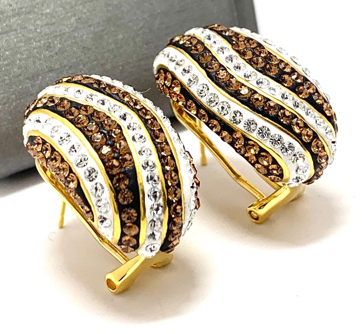 18k Yellow Gold & Jewelry Bronze 3.00ctw Cognac & White Natural Crystal  Hoop Earrings