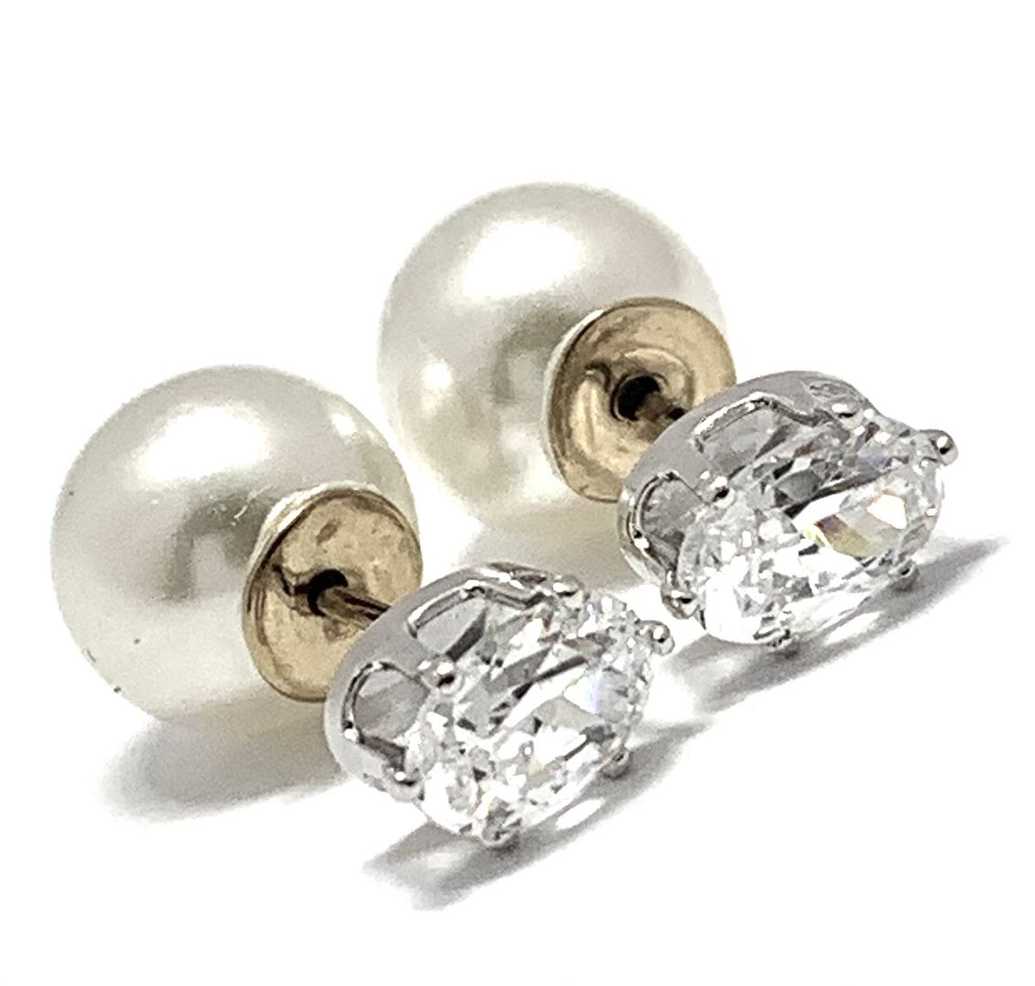 2 IN 1 Reversable Design .925 Sterling Silver 0.75ctw Diamonique Diamond & 8mm White Pearl Stud Earrings