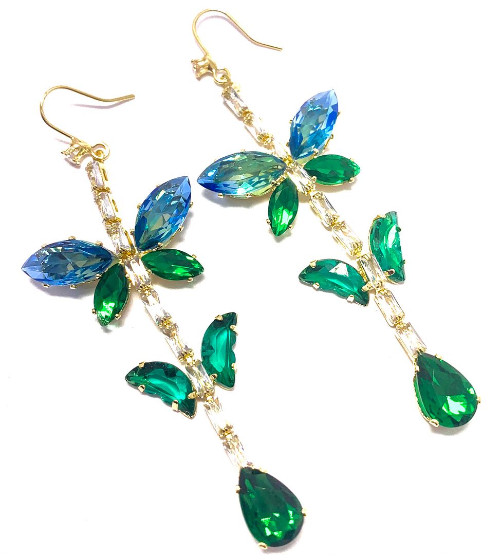 22.00ctw Emerald & Blue Topaz 18k Yellow Gold Overlay Long Dangle Earrings