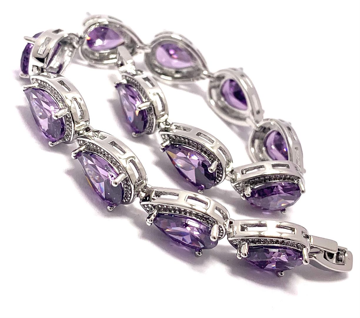 $229 Retail 41.00ctw Pear Shaped Cut Amethyst 7” Fancy Tennis Bracelet