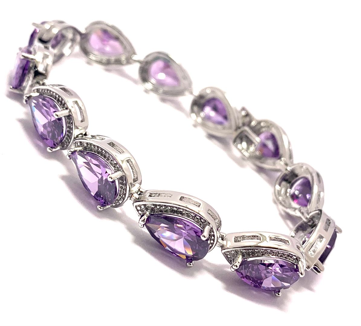 $229 Retail 41.00ctw Pear Shaped Cut Amethyst 7” Fancy Tennis Bracelet