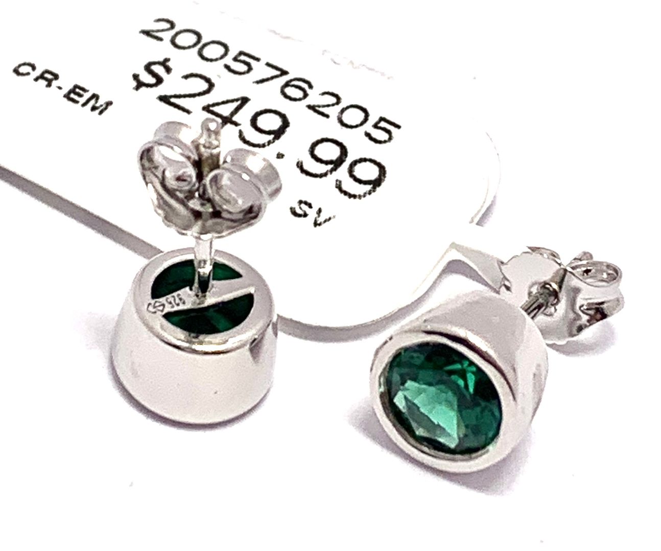 $249 Emerald .925 Sterling Silver Stud Earrings Bezel Set Solitaire