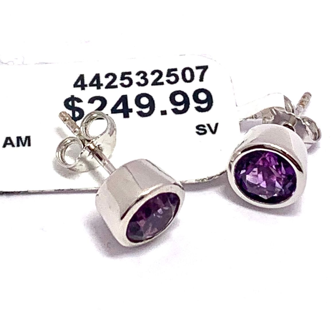 $249 Natural Amethyst .925 Sterling Silver.Stud Earrings