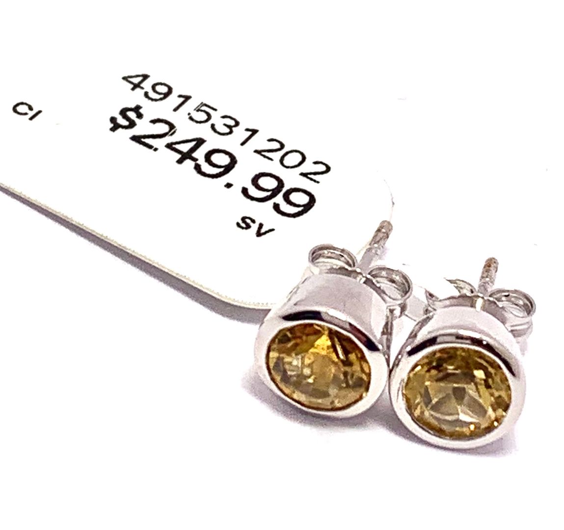 $249 Natural Citrine .925 Sterling Silver Stud Earrings Bezel Set Solitaire