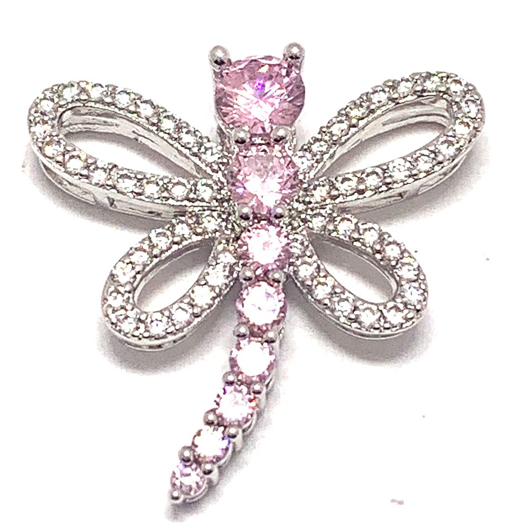 2.50ctw Pink Topaz & Diamonique Diamond Dragon Fly Pendent 18k White Gold Ovr