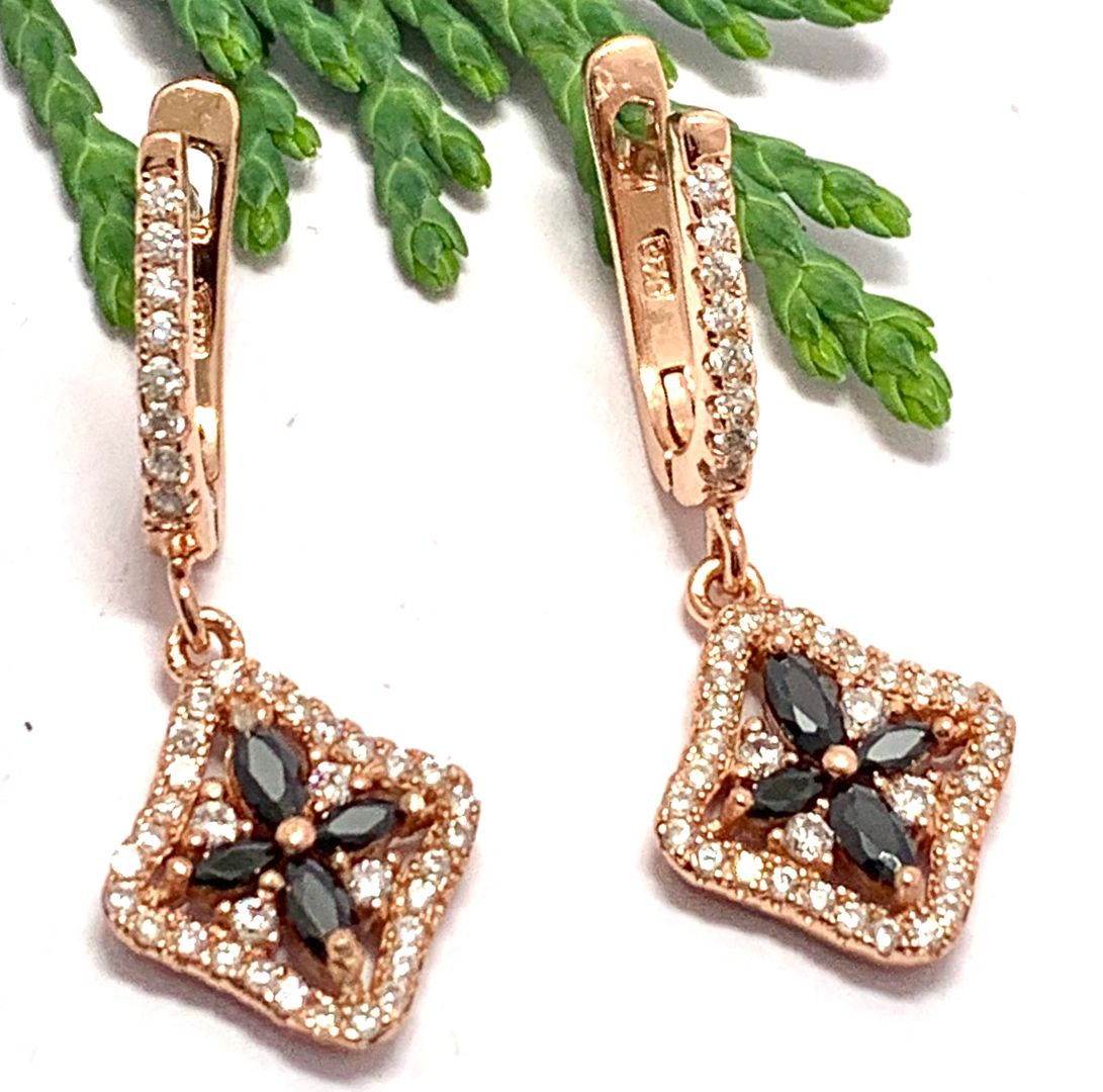 $279 SAM & Co .925 Sterling Silver &18k YG 1.00ctw Black Spinel & Diamonique Diamond Earrings