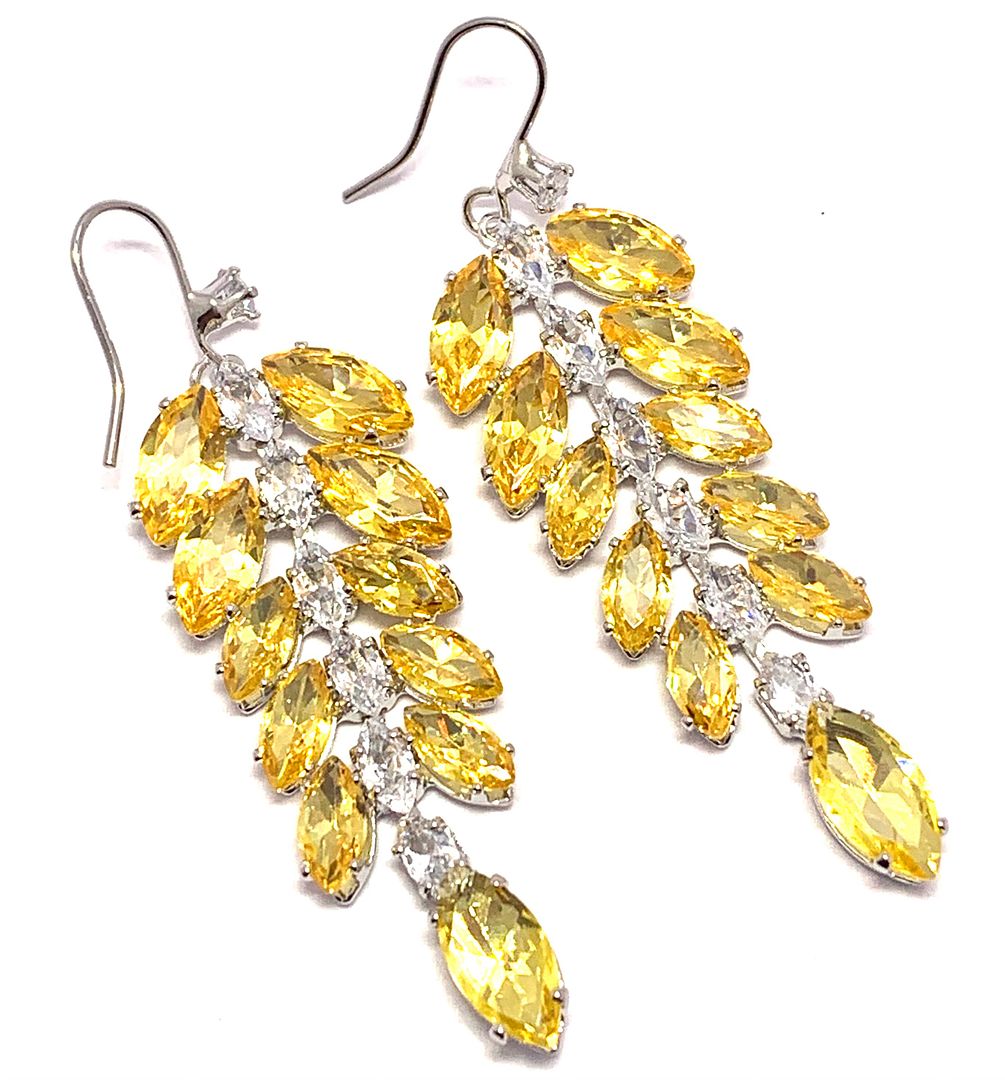 28.00ctw Citrine & CZ 18k White Gold Overlay Long Dangle Earrings