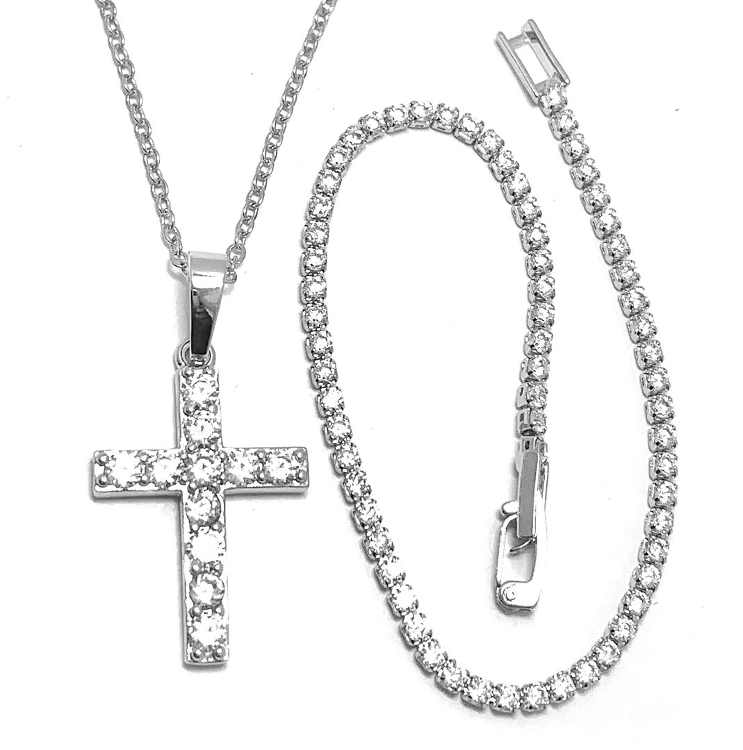 2pc Jewelry Lot-Tennis Bracelet & Cross Necklace