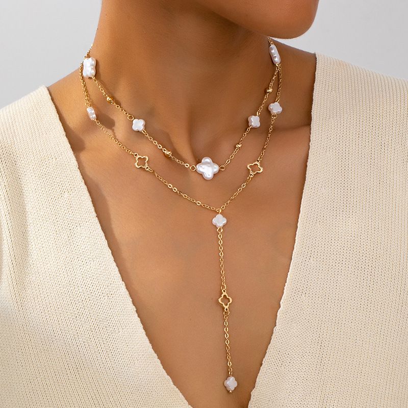 2pc White Pearl Layered Clover Necklace Set 18k Yellow Gold Ovr.